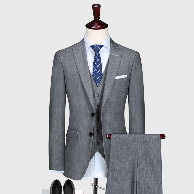 西服套装男士商务休闲韩版修身西装新郎结婚礼服三件套浅灰色正装